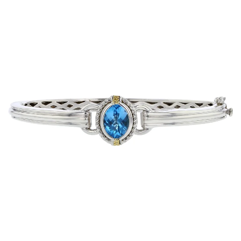 Ladies bracelets with coal jet -Blue Topaz Hinged Bangle Bracelet in Sterling Silver and 18K Yellow Gold