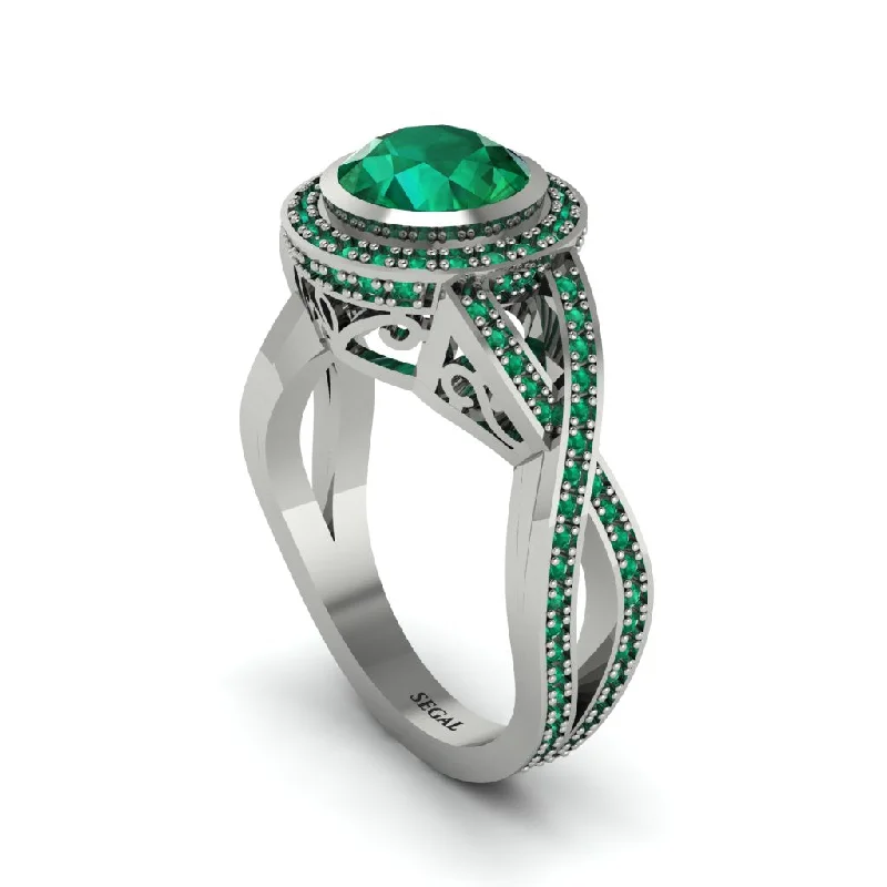 engagement-gold-bezel-ring-Emerald Filigree Halo Twist Shank Engagement Ring - Wren No. 21