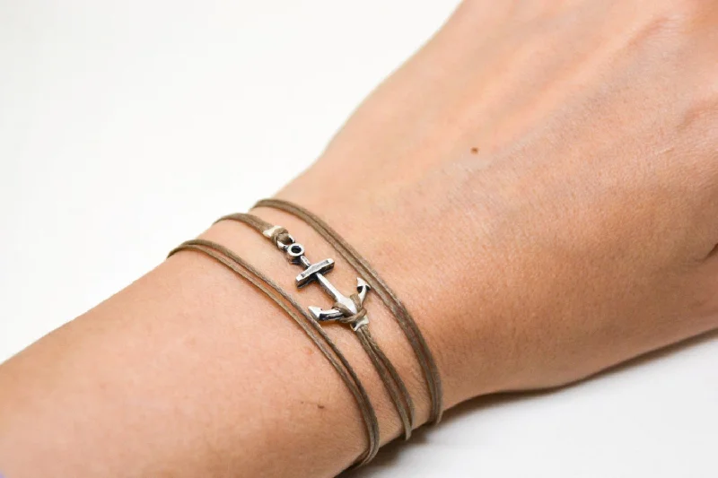 Ladies bracelets fine cuffs -Silver charm anchor bracelet, wrapped brown cord, adjustable, gift wrapped festival jewelry