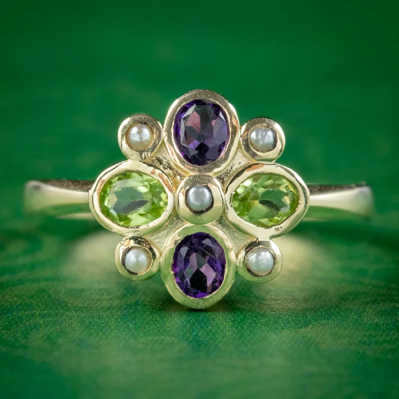 ladies-ruby-promise-rings-Suffragette Edwardian Style Cluster Ring Amethyst Peridot Pearl