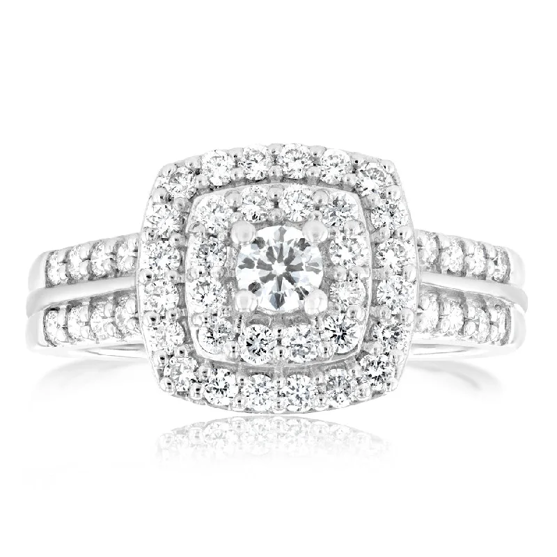 engagement-ruby-modern-ring-Luminesce Lab Grown 10ct White Gold 3/4 Carat Cushion Shaped Engagement Ring