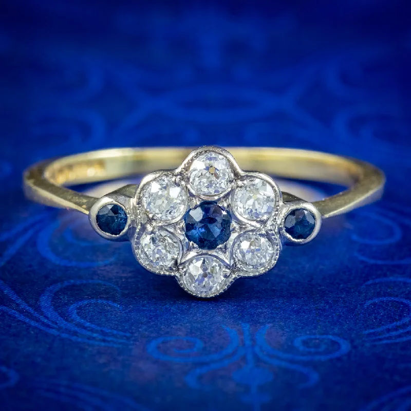 ladies-luxury-diamond-rings-Edwardian Style Sapphire Diamond Daisy Cluster Ring