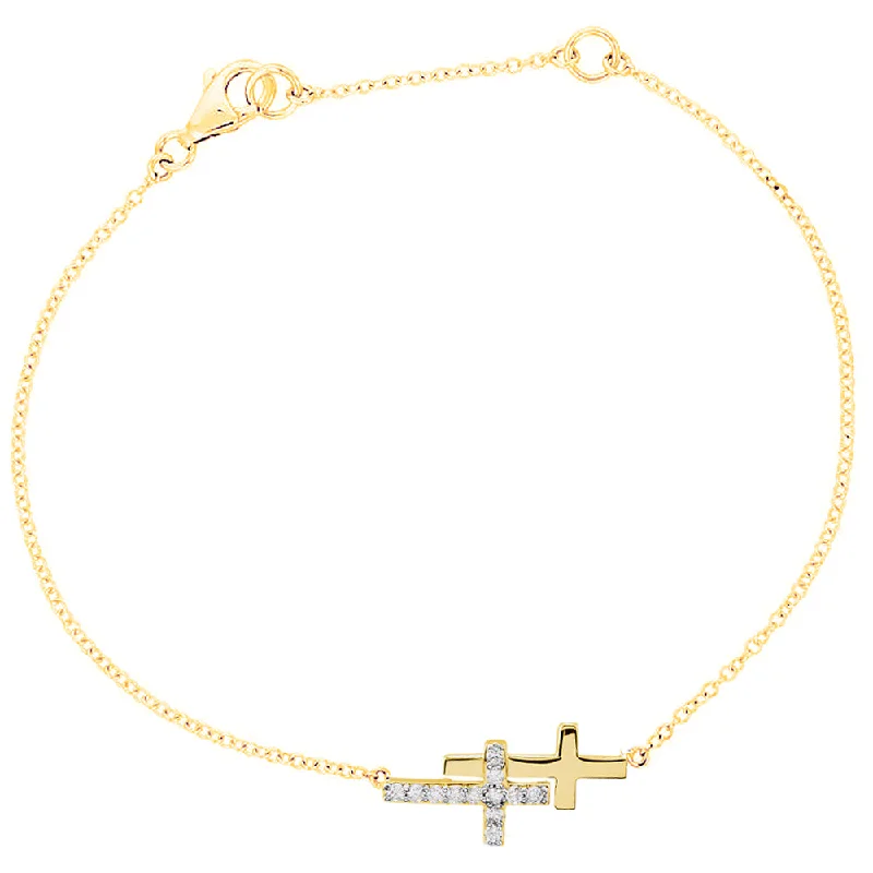 Ladies necklaces for teen styles -Diamond Double Sideways Cross Necklace in 14k Yellow Gold, 18 Inch