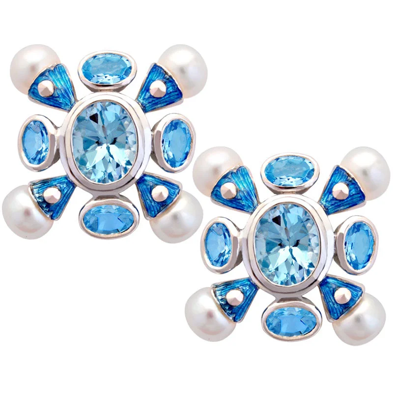 ladies-trendy-silver-earrings-Earrings-Aquamarine, Blue Topaz and Pearl (Enamel)