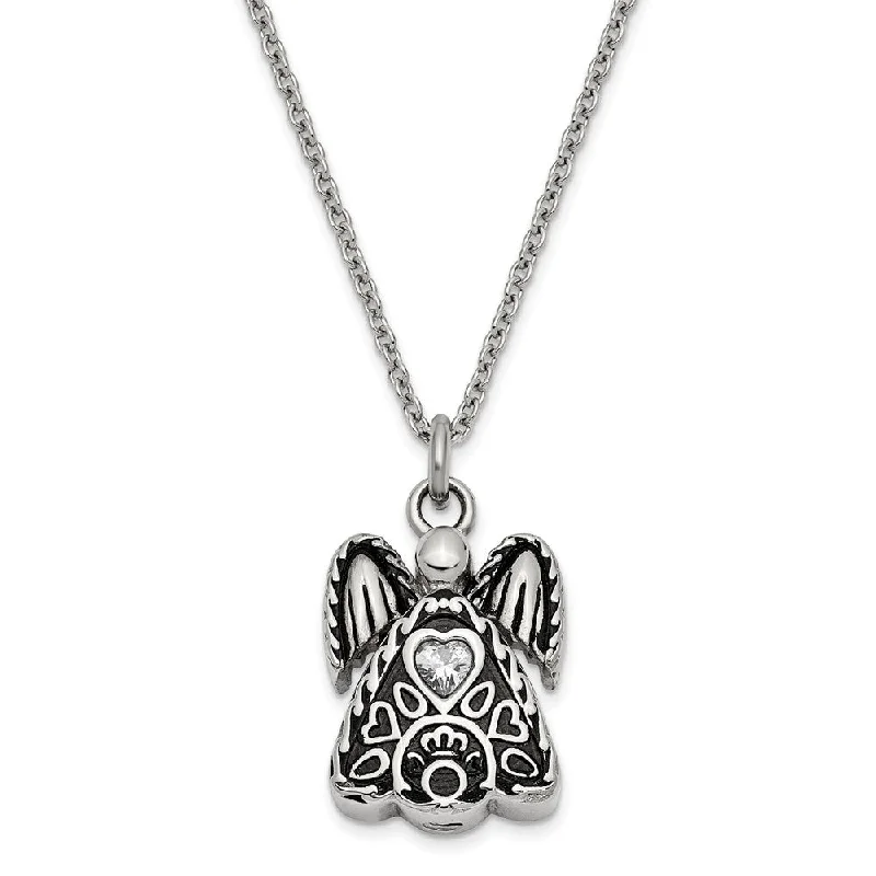 Ladies necklaces with etched initials -Antiqued Stainless Steel CZ Birthstone Angel Ash Holder Necklace 18 In