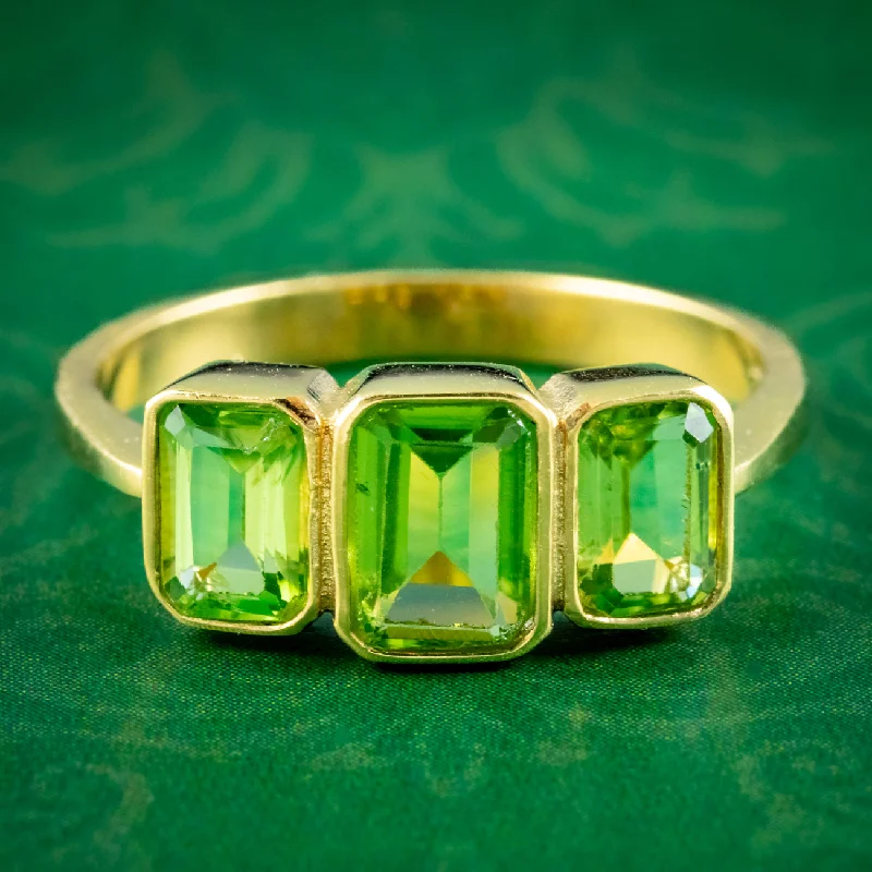 ladies-luxury-emerald-rings-Art Deco Style Peridot Trilogy Ring 2.2ct Of Peridot