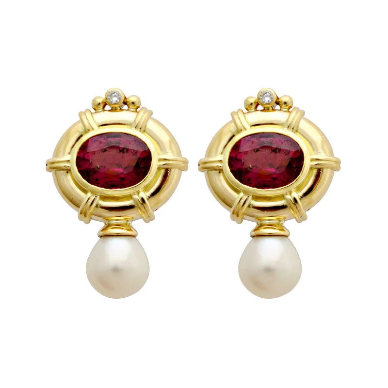 ladies-pearl-cluster-earrings-Earrings-Rubellite, Fresh Water Pearl and Diamond