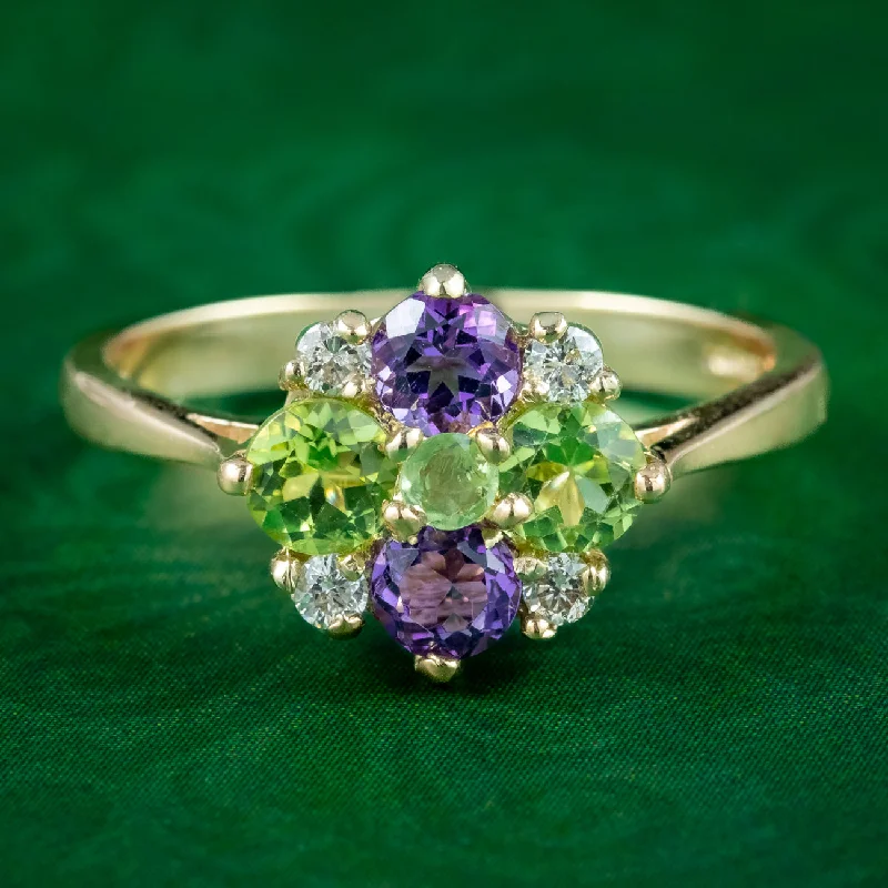 ladies-marquise-cut-rose-gold-rings-Edwardian Suffragette Style 9ct Gold Cluster Ring Amethyst Peridot Diamond