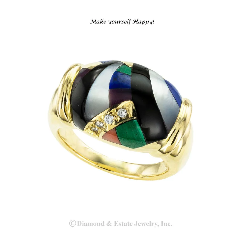 ladies-emerald-vintage-rings-Asch  Grossbardt Gemstone Inlaid Yellow Gold Ring