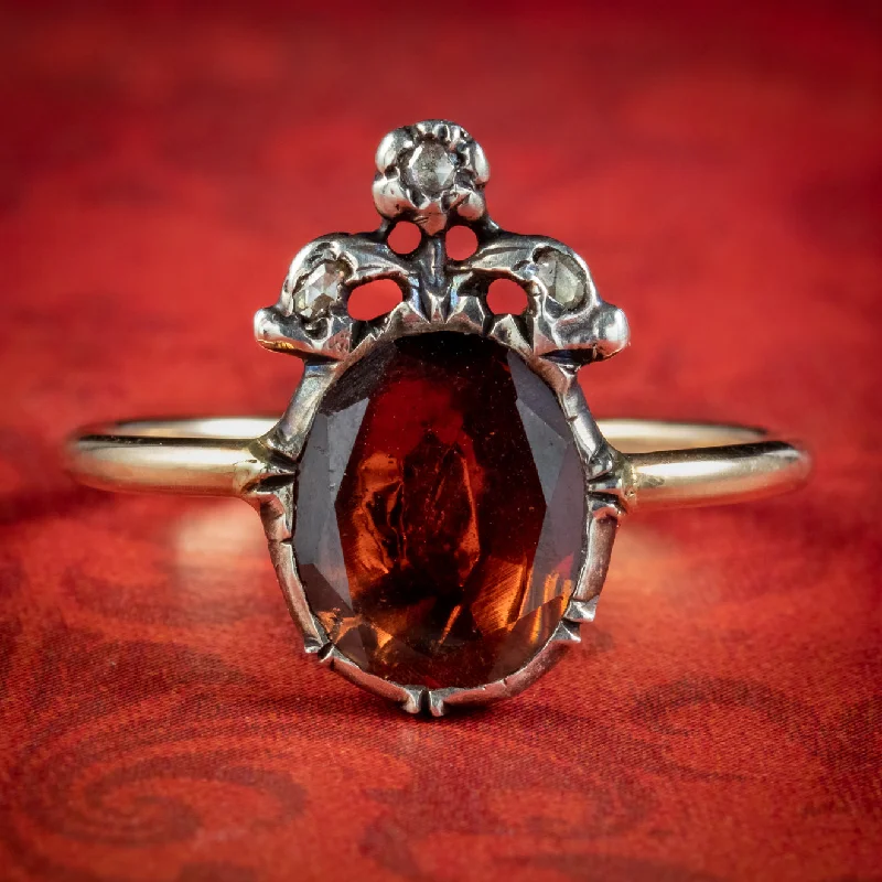 ladies-white-gold-band-rings-Georgian Style Flat Cut Garnet Diamond Ring 2.5ct Garnet