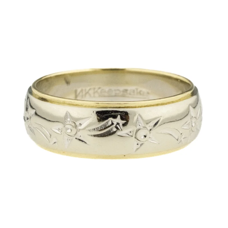 ladies-custom-diamond-rings-7mm Wide Shooting Stars Gold Band Ring in 14K Two Tone Gold - Size 8.25