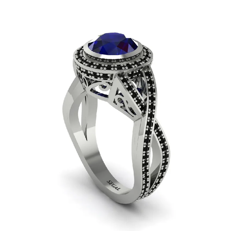 engagement-birthstone-diamond-ring-Sapphire Filigree Halo Twist Shank Engagement Ring - Wren No. 45