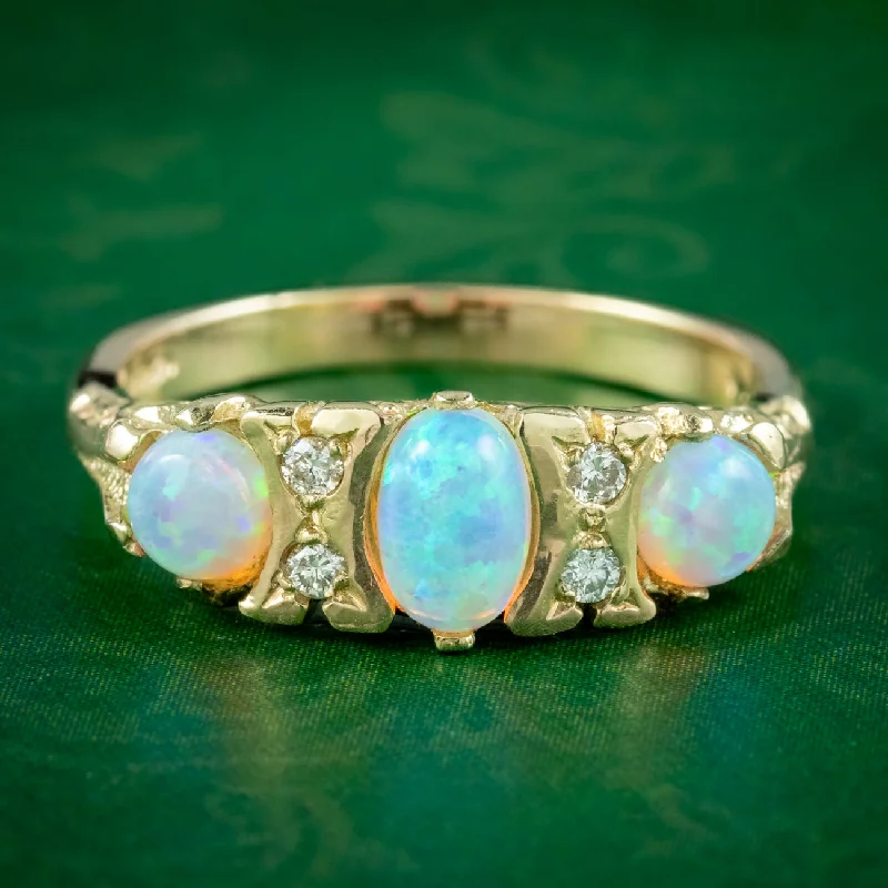 ladies-diamond-unique-rings-Victorian Style Opal Trilogy Diamond Ring 9ct Gold