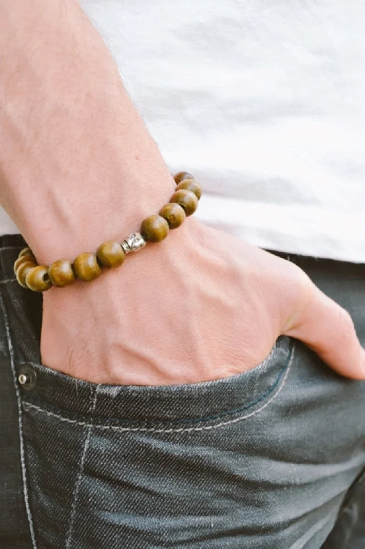 Ladies bracelets for serene days -Silver skull bracelet for men, wood beads men's gothic jewelry, gift wrapped