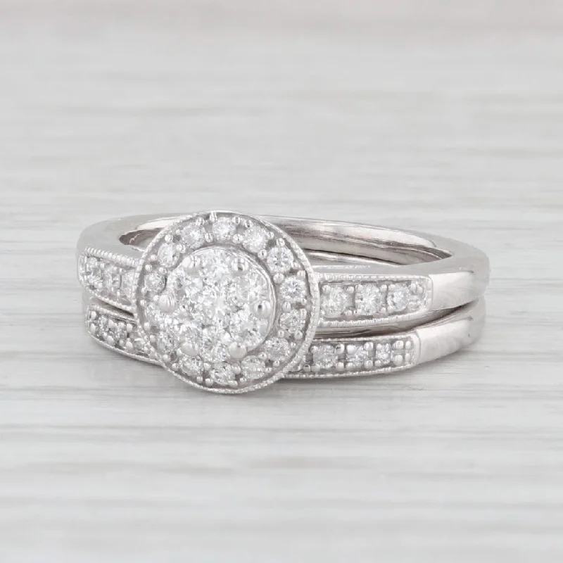 engagement-affordable-platinum-ring-0.32ctw Round Diamond Halo Engagement Ring Wedding Band Set 10k White Gold Sz 5