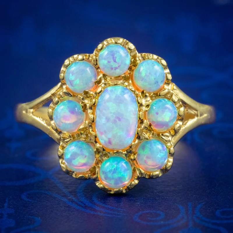 ladies-round-pearl-rings-Victorian Style Opal Cluster Ring Silver 18ct Gold Gilt