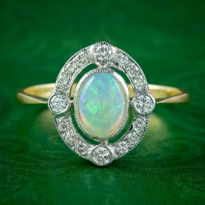 ladies-marquise-cut-silver-rings-Art Deco Style Opal Diamond Cluster Ring 0.70ct Opal