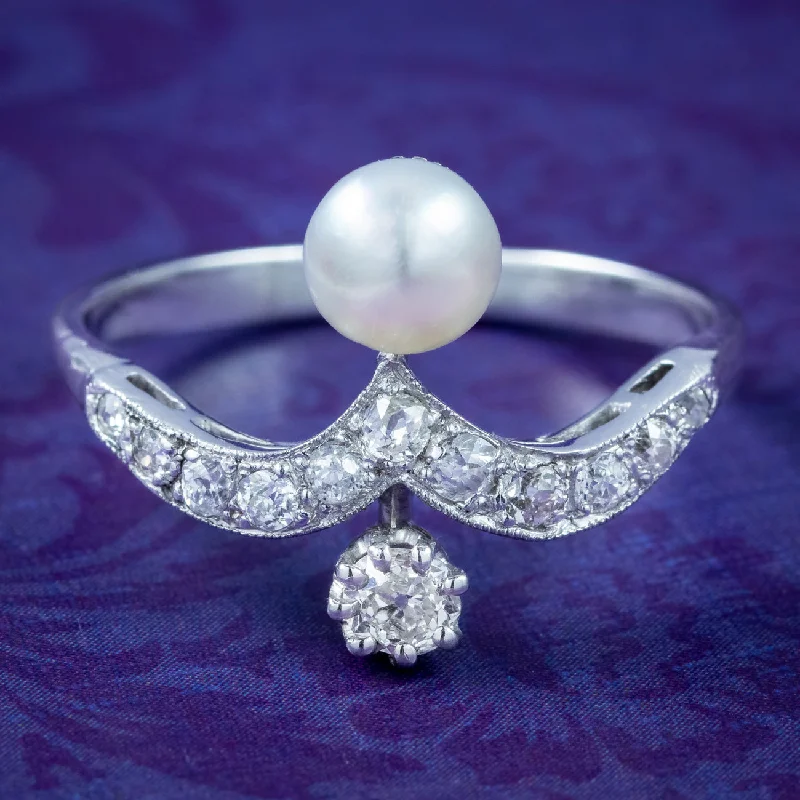 ladies-platinum-modern-rings-Antique Edwardian Diamond Pearl Toi Et Moi Tiara Ring 0.50ct Total