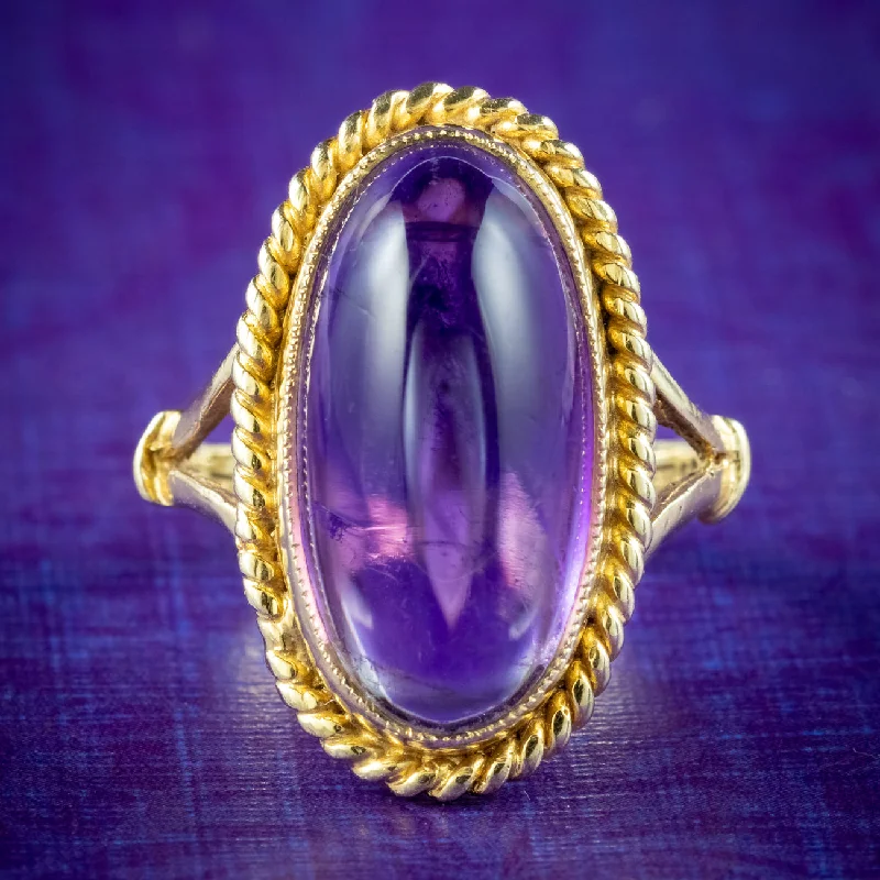 ladies-elegant-pearl-rings-Vintage Amethyst Cocktail Ring 8ct Cabochon Dated 1974