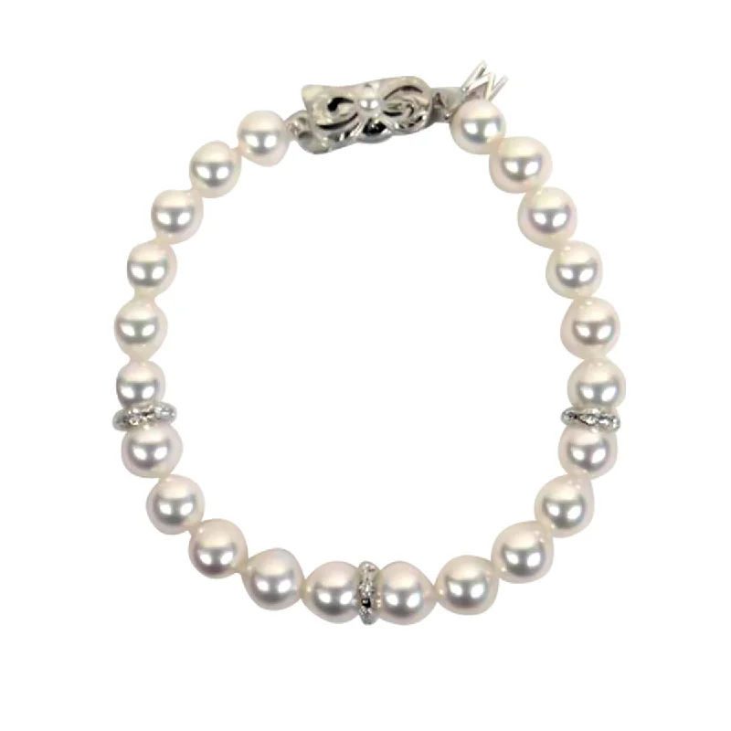 Ladies bracelets with arch charms -Akoya Pearl Bracelet with 3 Diamond Roundels