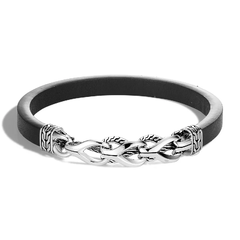 Ladies bracelets sleek flair -Asli Classic Chain Link Silver Bracelet on Black Leather Cord