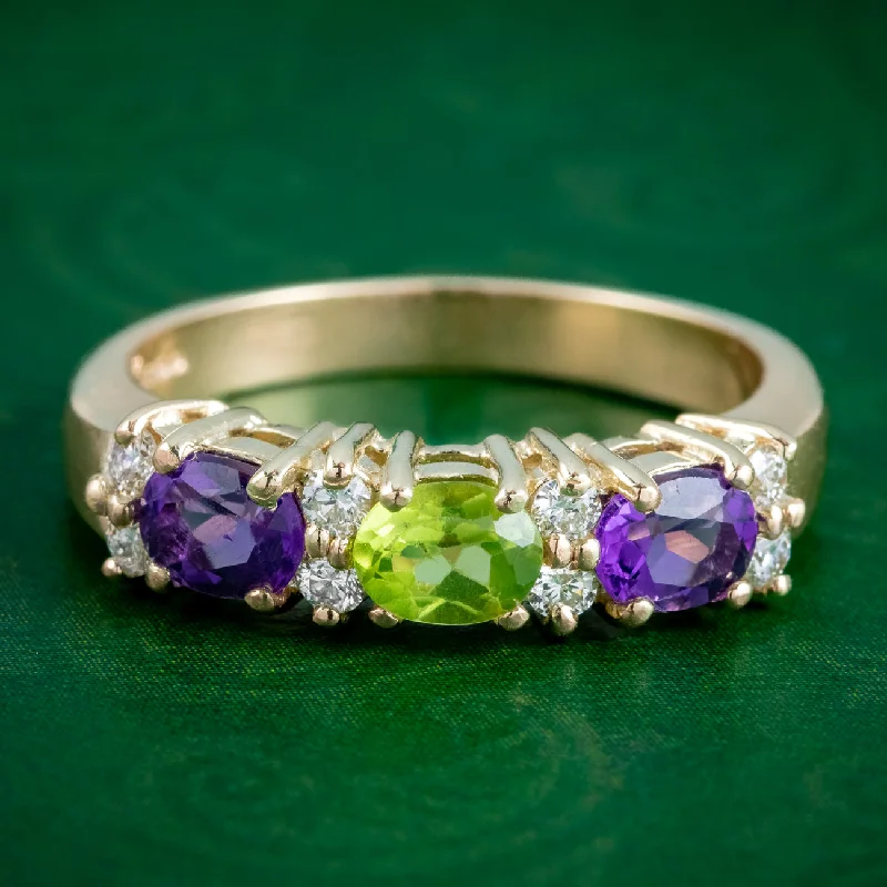 ladies-elegant-silver-rings-Edwardian Suffragette Style Amethyst Peridot Diamond Ring 9ct Gold