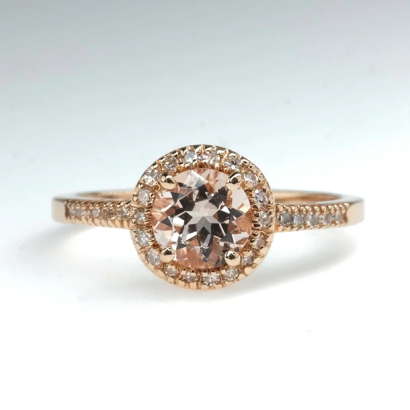 ladies-gold-modern-rings-Morganite with Diamond Halo and Side Accents Ring in 14K Rose Gold