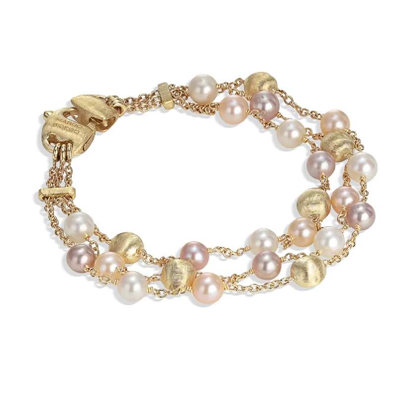 Ladies bracelets with hoof charms -18K Yellow Gold and Pearl Three Strand Bracelet