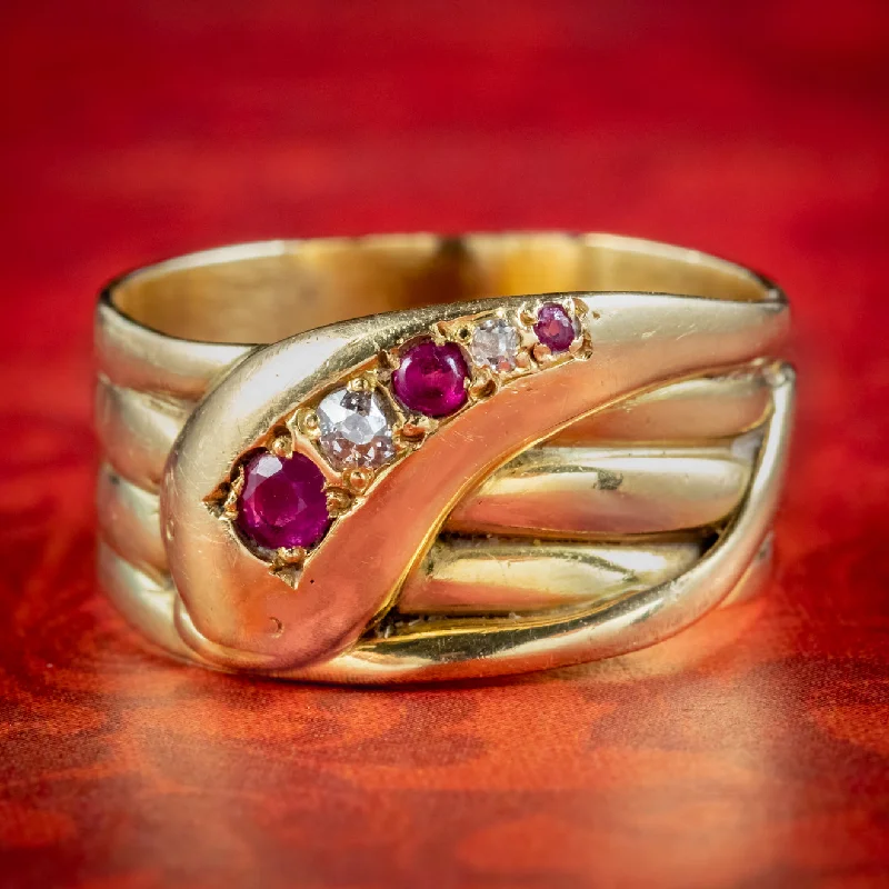 ladies-marquise-cut-gold-rings-Antique Victorian Ruby Diamond Snake Ring Circa 1890