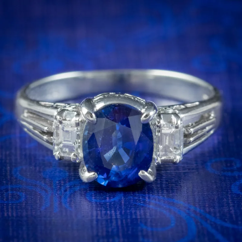 ladies-pear-cut-silver-rings-Edwardian Style Sapphire Diamond Trilogy Ring 1.65ct Sapphire