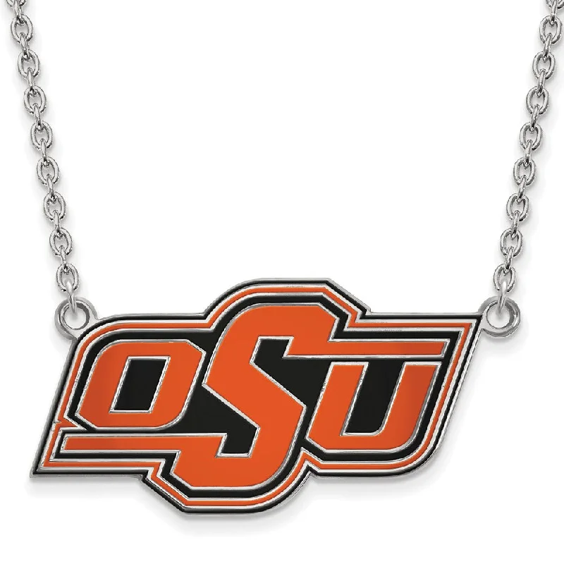 Ladies necklaces glossy strands -Sterling Silver Oklahoma State Large OSU Enamel Pendant Necklace