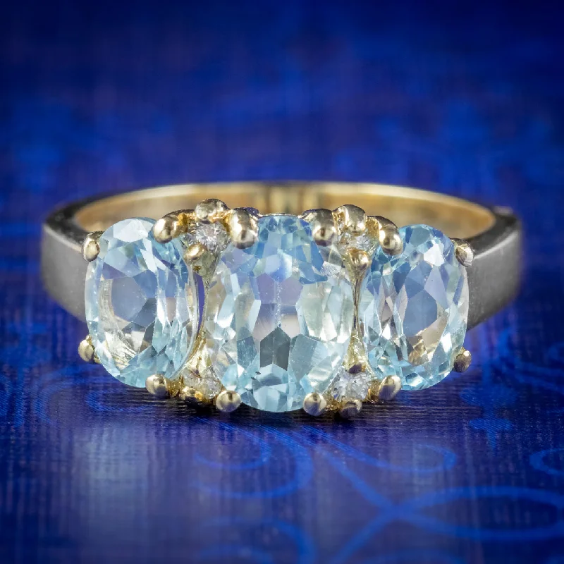 ladies-initial-silver-rings-Victorian Style Blue Topaz Diamond Trilogy Ring 3.10ct Of Topaz