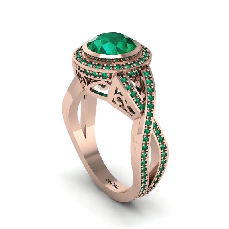 engagement-marquise-cut-platinum-ring-Emerald Filigree Halo Twist Shank Engagement Ring - Wren No. 20