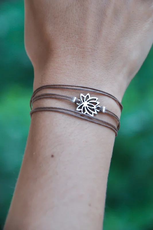 Ladies bracelets with scale charms -Wrapped bracelet with silver tone Lotus charm, brown cord, custom festival jewelry