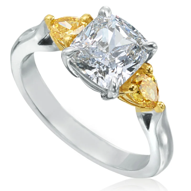 engagement-wedding-diamond-ring-Cushion Shaped Diamond 18K Gold Engagement Ring with Pear Shaped Yellow Diamonds