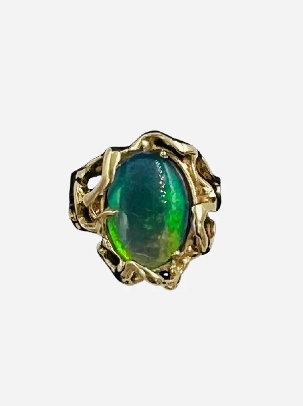 ladies-white-gold-band-rings-1970s Opal Doublet Freeform Designed 14k Yellow Gold Ring