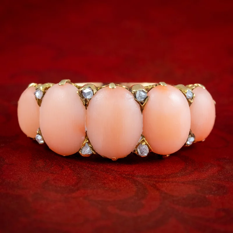 ladies-pearl-halo-rings-Antique Victorian Angel Skin Coral Diamond Five Stone Ring