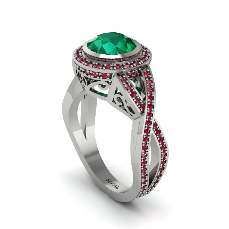 engagement-affordable-diamond-ring-Emerald Filigree Halo Twist Shank Engagement Ring - Wren No. 51