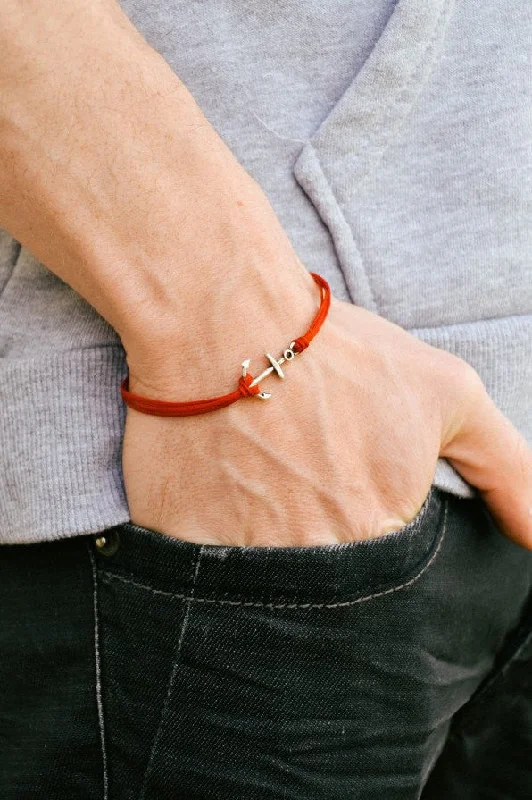 Ladies bracelets sleek modernity -Silver anchor men's bracelet, red bracelet, beach skipper jewelry for men