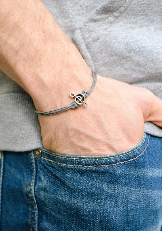 Ladies bracelets with spark charms -Silver Treble clef bracelet for men, gray cords, music note bead