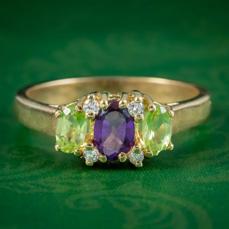 ladies-white-gold-modern-rings-Edwardian Suffragette Style Amethyst Peridot Diamond Ring