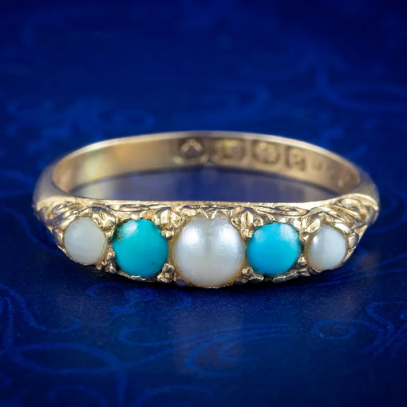 ladies-name-diamond-rings-Antique Edwardian Turquoise Pearl Five Stone Ring Dated 1904