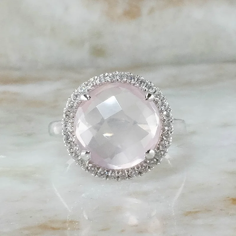 ladies-platinum-unique-rings-14K White Gold 4.45ct Round Checkerboard Rose Quartz & Diamond Accents Halo Ring