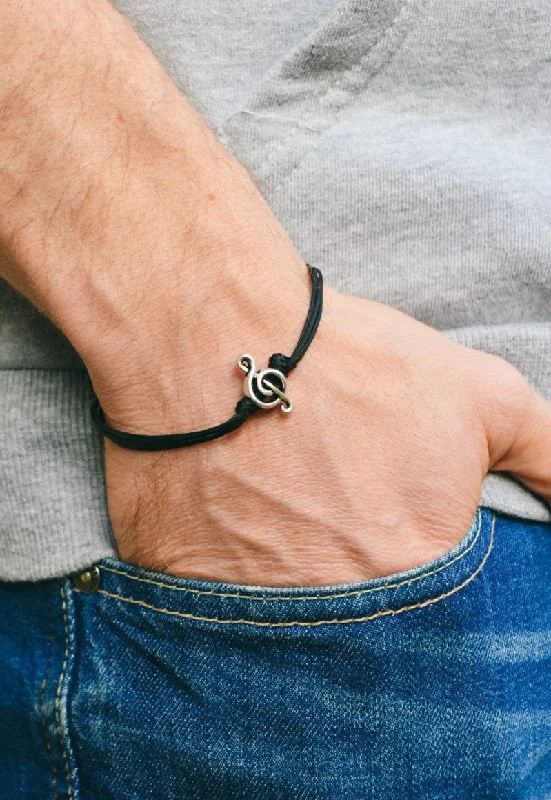 Ladies bracelets with teal amazonite -Silver Treble clef bracelet for men, black cords