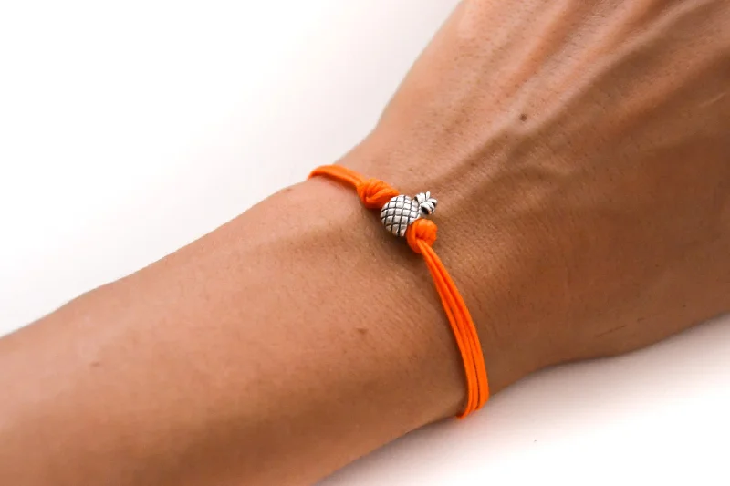 Ladies bracelets retro bands -Silver pineapple charm bead bracelet with orange cord, tropical jewelry