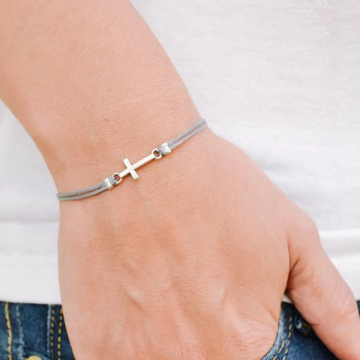 Ladies bracelets cute bands -Women bracelet with silver cross charm, gray cord, Christian gift for her