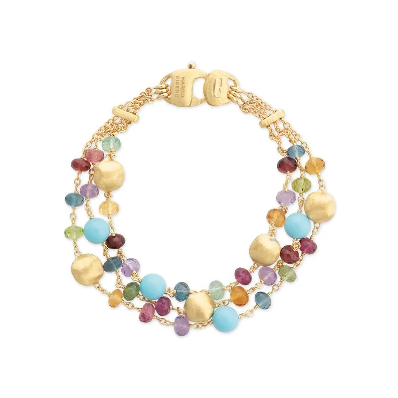 Ladies bracelets with plume charms -18K Yellow Gold Mixed Gemstone and Turquoise Triple Strand Bracelet