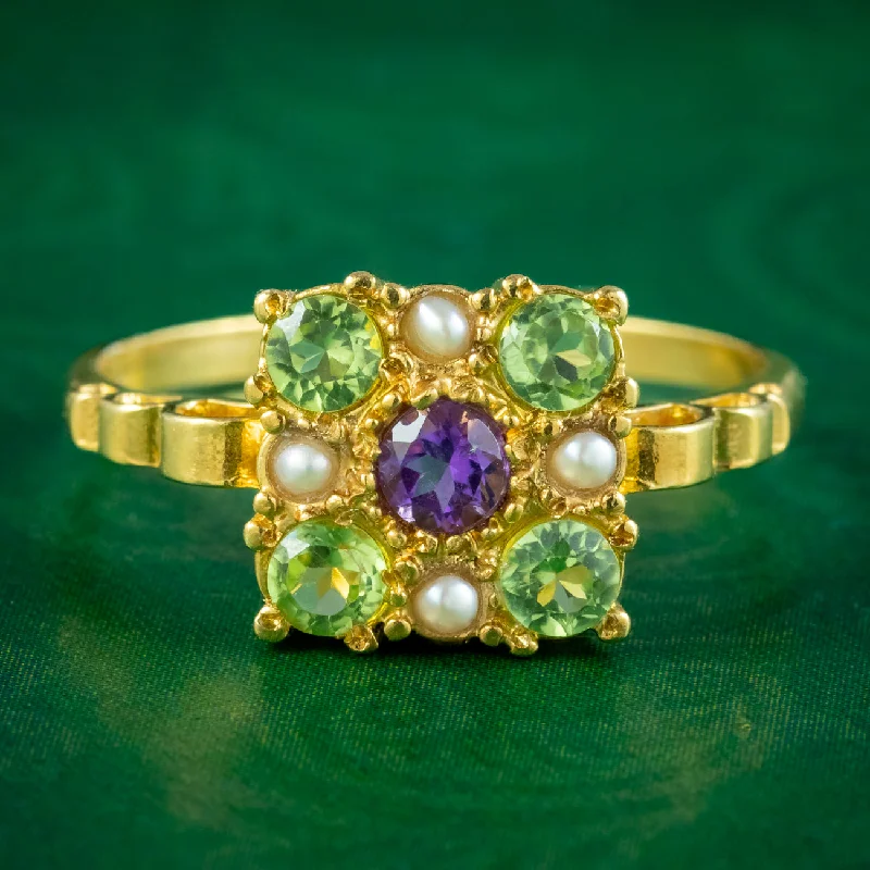 ladies-marquise-cut-rose-gold-rings-Edwardian Style Suffragette Cluster Ring Amethyst Peridot Pearl