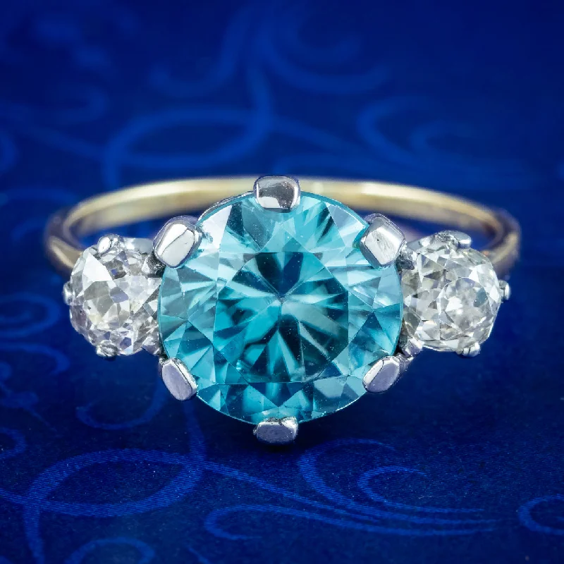 ladies-sapphire-handmade-rings-Antique Edwardian Blue Zircon Diamond Trilogy Ring 3ct Zircon