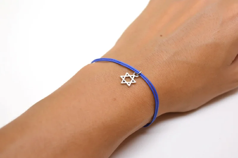 Ladies bracelets with sunset amber -Silver Star of David bracelet, blue cord, handmade Jewish gift for her